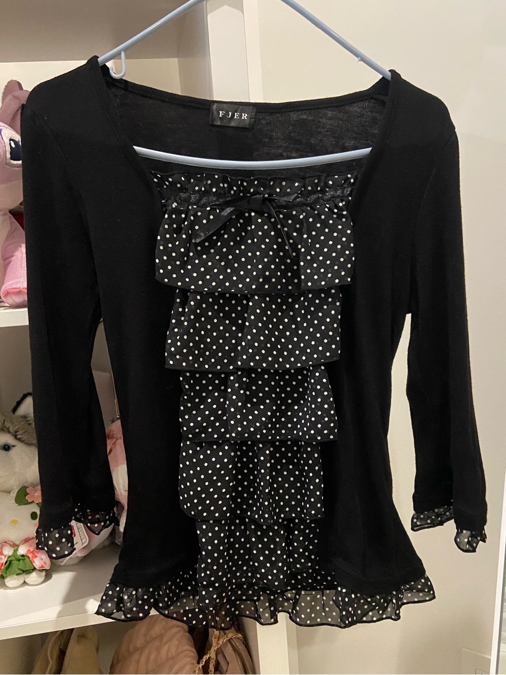 Fjer Black Polka Dot Ruffle Front Blouse